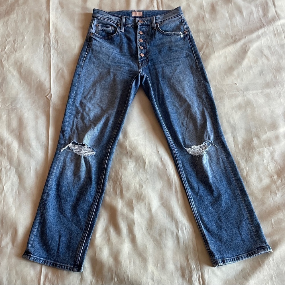 MOTHER- The Pixie Tomcat Crop Jean Mid Wash in Not Cut & Pasted Distressed 26 - Picture 3 of 13